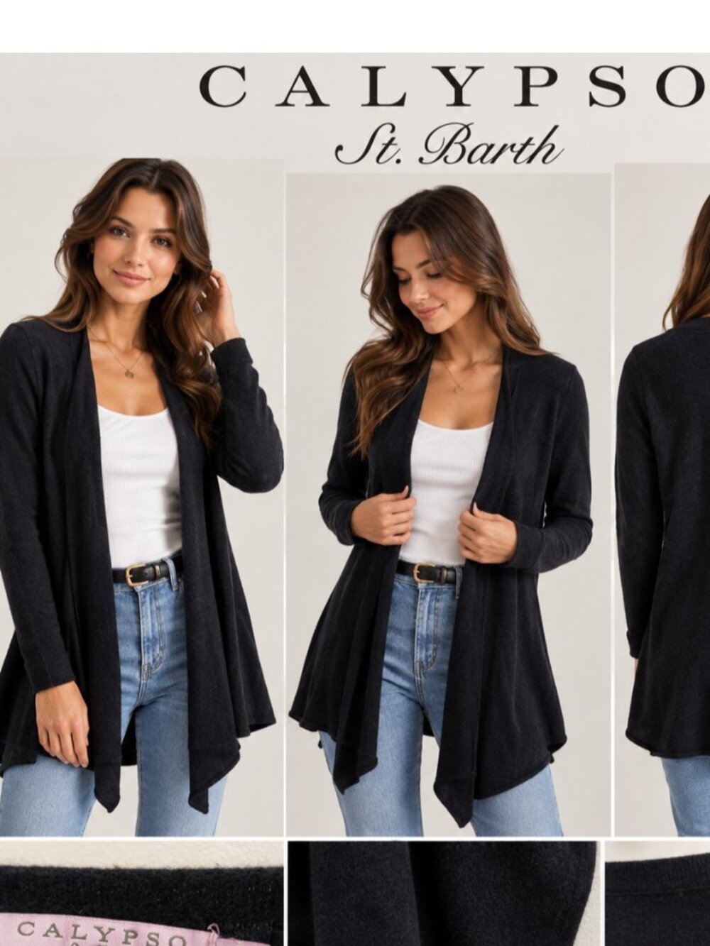 Calypso St. Barth 100% Cashmere Black Draped Open Front Cardigan Size L